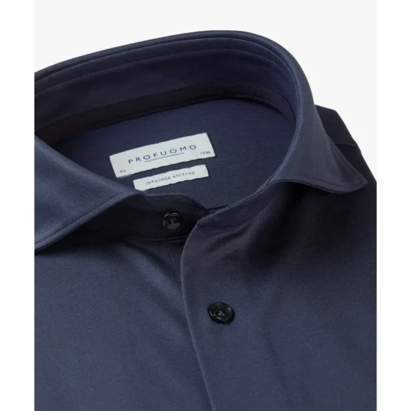 PPVH30044B_100 Profuomo Japanese Knit Overhemd PPVH30044b Midden Blauw