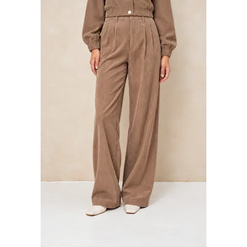 Lofty Manner Broek RJ40 - Pant Josy - Pleated Cor Bruin 192 Taupe – vooraanzicht op model Lofty Manner broek Josy in taupebruin, vooraanzicht op model
